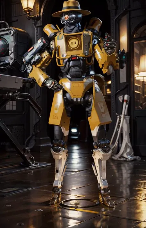 masterpiece, best quality,
retro_artstyle, dim light,
solo,mecha, looking at viewer, (full body:1.5), standing,
(yellow), hat,
science_fiction, outdoors, street,