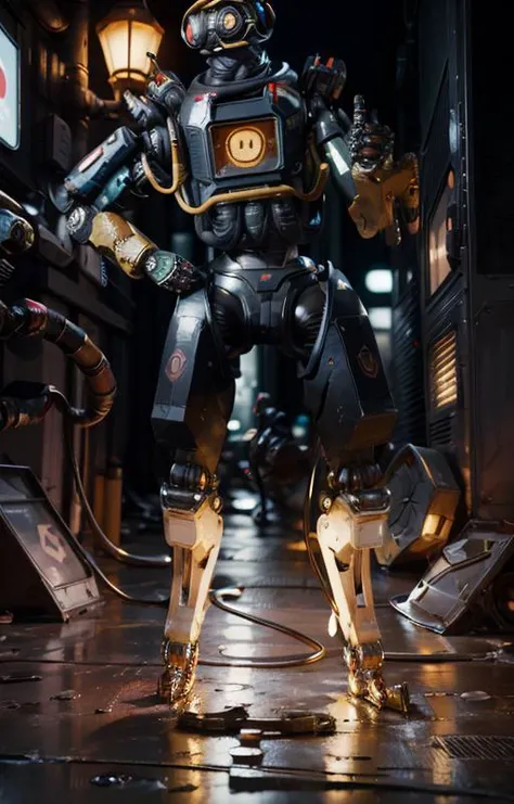 masterpiece, best quality,
retro_artstyle, dim light,
solo,mecha, looking at viewer, (full body:1.5), standing,
(black).
science_fiction, outdoors, street,