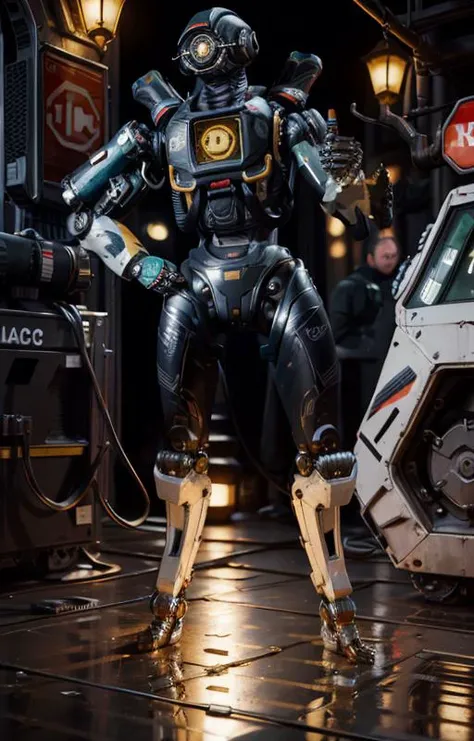masterpiece, best quality,
retro_artstyle, dim light,
solo,mecha, looking at viewer, (full body:1.5), standing,
(black).
science_fiction, outdoors, street,