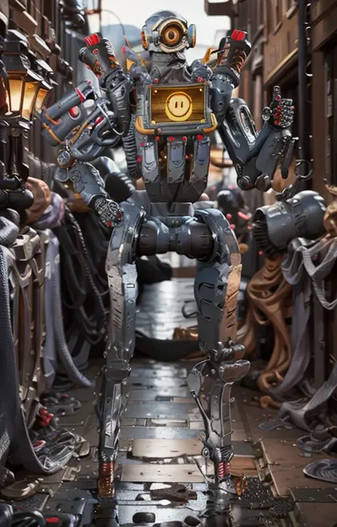 masterpiece, best quality, 
full body, 
Pathfinder\(apex legends\), 1 robot, science fiction,smile icon,
realistic, outdoors, street,