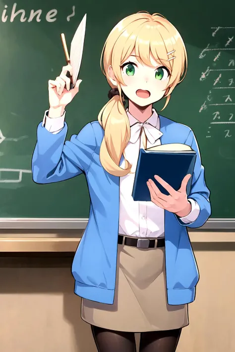 <lora:ellenbaker:0.7> ellenbaker, 1girl, green eyes, blue jacket, white shirt, brown skirt, blonde long hair, hair ornament, pantyhose, brown footwear, school, classroom, holding books, chalkboard, open mouth, standing, upper body, masterpiece, best quality, highres,, <lora:GoodHands-vanilla:1> nice hands, perfect hands