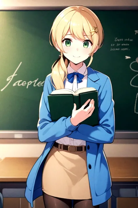 <lora:ellenbaker:0.7> ellenbaker, 1girl, green eyes, blue jacket, white shirt, brown skirt, blonde long hair, hair ornament, pantyhose, brown footwear, school, classroom, standing, holding books, upper body, chalkboard, masterpiece, best quality, highres,, <lora:GoodHands-vanilla:1> nice hands, perfect hands