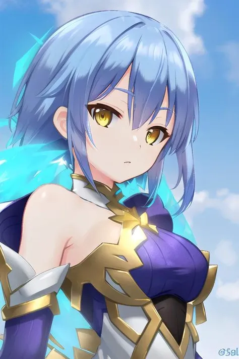 1girl, full body, blue hair, yellow eyes, white dress, looking at viewer, outdoors, purple, detailed background, <lora:Xenoblade2-Style-000008:0.7>