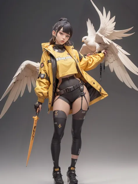 action-packed (pin-up:1.3)
(full body:1.3), nijiloraeagle <lora:koreanDollLikeness_v15:0.2>, ulzzang-6500, (original: 1.2), in the style of hard surface modeling, cyberpunk samuraipunk, hyper - detailed illustrations realistic, hyper - detailed rendering, portrait, solo, charming nijigirl with mechanical - eagle - wings, wearing techwear and oversized jacket, with a hyperdetailed wet dark - yellow and cobalt and coral and black golden katana, pure color background <lora:nijiloraeagle-000002:0.6>
<lora:skirtlift-v1:0.6> skirtlift