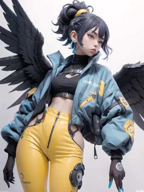 nijiloraeagle <lora:koreanDollLikeness_v15:0.2>, ulzzang-6500, in the style of colorful hard surface modeling, cyberpunk samuraipunk, hyper - detailed illustrations realistic, hyper - detailed rendering, portrait, solo, charming nijigirl with Stainless steel - eagle - wings, ((wearing blue techwear and blue oversized jacket)), with a hyperdetailed wet dark - yellow and cobalt and coral and black golden katana, pure color background <lora:nijiloraeagle-000002:0.7>