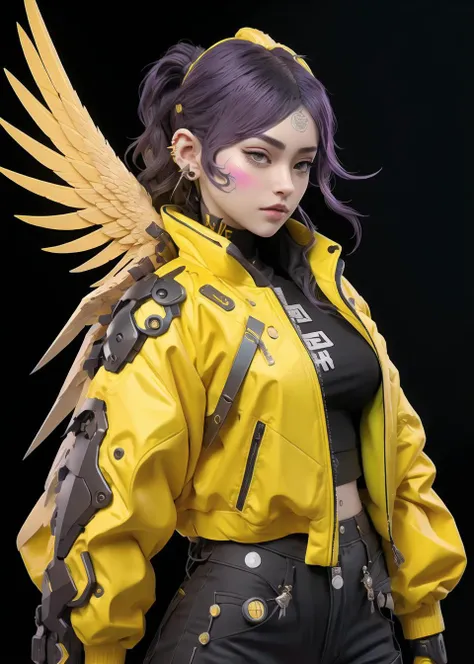 nijiloraeagle <lora:taiwanDollLikeness_v10:0.2>, <lora:koreanDollLikeness_v15:0.2>, ulzzang-6500, (original: 1.2), (realistic: 1.3) (mixed Korean), in the style of hard surface modeling, cyberpunk samuraipunk, hyper - detailed illustrations realistic, hyper - detailed rendering, portrait, solo, charming nijigirl with mechanical - eagle - wings, wearing techwear and oversized jacket, with a hyperdetailed wet dark - yellow and cobalt and coral and black golden katana, pure color background <lora:nijiloraeagle-000002:0.7>