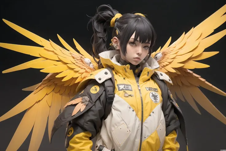 nijiloraeagle in the style of hard surface modeling, cyberpunk samuraipunk, hyper - detailed illustrations realistic, hyper - detailed rendering, portrait, solo, charming nijigirl with white mechanical - eagle - wings, wearing techwear and oversized jacket, with a hyperdetailed wet dark - yellow and cobalt and coral and black golden katana, pure color background <lora:nijiloraeagle-000002:0.7>