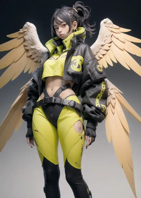 nijiloraeagle <lora:koreanDollLikeness_v15:0.2>, ulzzang-6500, warm smile, in the style of hard surface modeling, cyberpunk samuraipunk, hyper - detailed illustrations realistic, hyper - detailed rendering, portrait, solo, charming nijigirl with mechanical - eagle - wings, wearing techwear and oversized jacket, with a hyperdetailed wet dark - yellow and cobalt and coral and black golden katana, pure color background <lora:nijiloraeagle-000002:0.7>