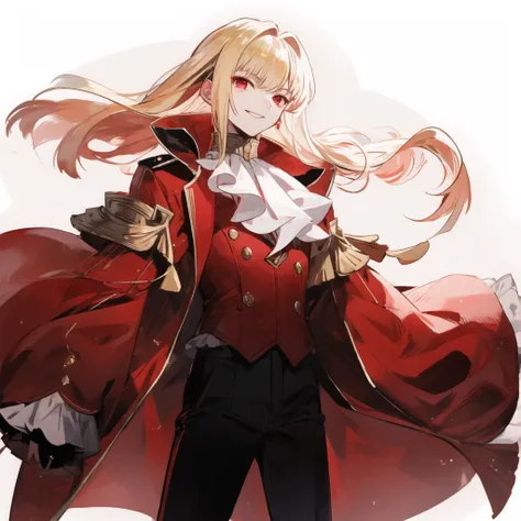 1boy, (long hair:0.65), blonde hair, hime cut, long sleeves, red coat, open coat, male focus, black pants, male focus, red eyes, ring, <lora:Iggy:1>, smile