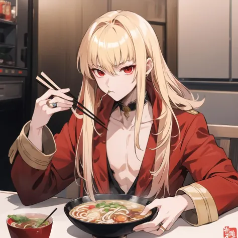 1boy, (14 years old), (long hair:0.65), blonde hair, hime cut, long sleeves, red coat, pectoral cleavage, male focus, black pants, male focus, red eyes, ring, <lora:Iggy:0.85>,ramen,chopsticks,eating, <lora:ramen_v4:1>