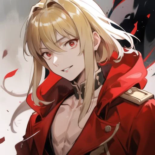 1boy, (14 years old), (long hair:0.65), blonde hair, hime cut, long sleeves, red coat, pectoral cleavage, male focus, black pants, male focus, red eyes, ring, parted lips, smile, upper body, portrait, <lora:Iggy:0.85>, <lora:Crazy_ExpressionsV2:1>