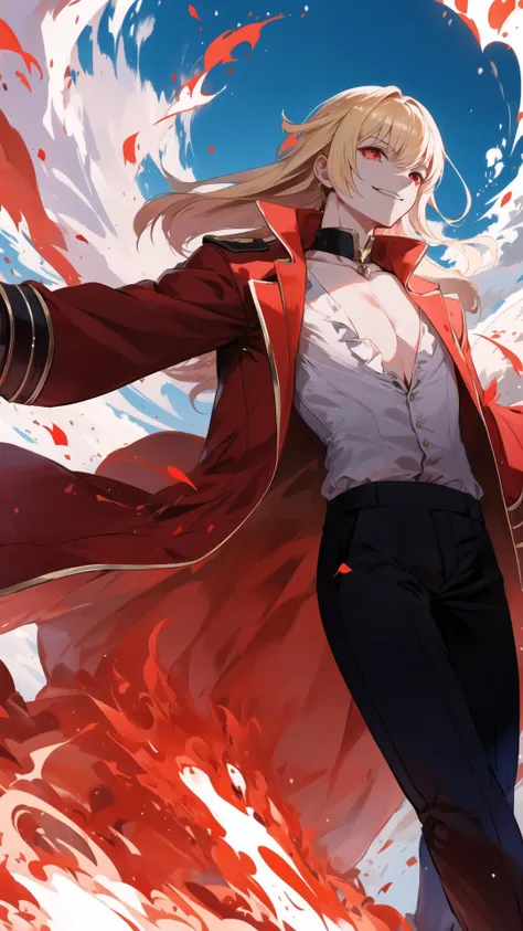 1boy, (), (long hair:0.65), blonde hair, hime cut, long sleeves, red coat, pectoral cleavage, male focus, black pants, male focus, red eyes, ring, <lora:Iggy:1>, smile, swirl of fire, aura, magic, sparks, magic astral outdoor, highlight, cloud sky, (wide shot:1.2)