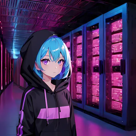 1girl, short cyan hair, purple eyes, engineer, nerd, black hoodie, girl, (best quality:1.2), masterpiece, upper body, half body, hires, (purple light:1.4), illustration