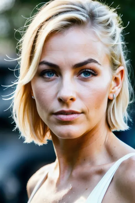face shot of julianneH1, (serious look), (blonde medium length hair), (hand on chin), Photorealistic, Hyperrealistic, Hyperdetailed, analog style, hip cocked, demure, detailed skin, matte skin, soft lighting, subsurface scattering, realistic, heavy shadow, masterpiece, best quality, ultra realistic, 8k, golden ratio, Intricate, High Detail, film photography, soft focus, detailed skin texture, (blush:0.5), (goosebumps:0.5), subsurface scattering