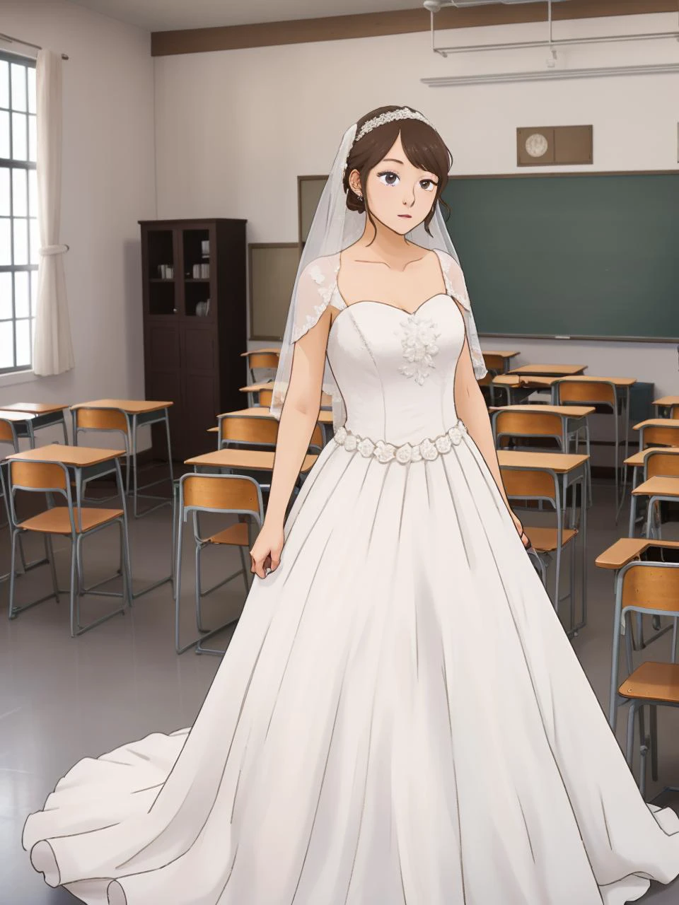 masterpiece, best quality,
<lora:KindredSpirits-002:0.9> emphasis line
, <lora:add_detail:-0.95>
1girl, (solo),
(" ")
" ",
large eyes,
bedhead, messy hair,
(long white wedding dress:1.2)
classroom, inside school,
" "