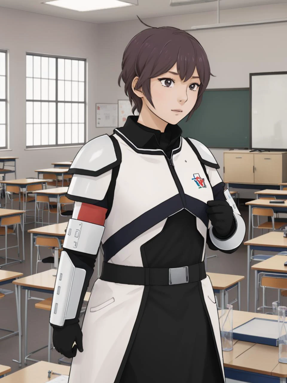 masterpiece, best quality,
<lora:KindredSpirits-002:0.9> emphasis line
, <lora:add_detail:-0.95>
1girl, (solo),
(" ")
multi color hair,,
" ",
ahoge hair,,
(science fiction, white armor:1.2)
teachers office, inside school,
" "
