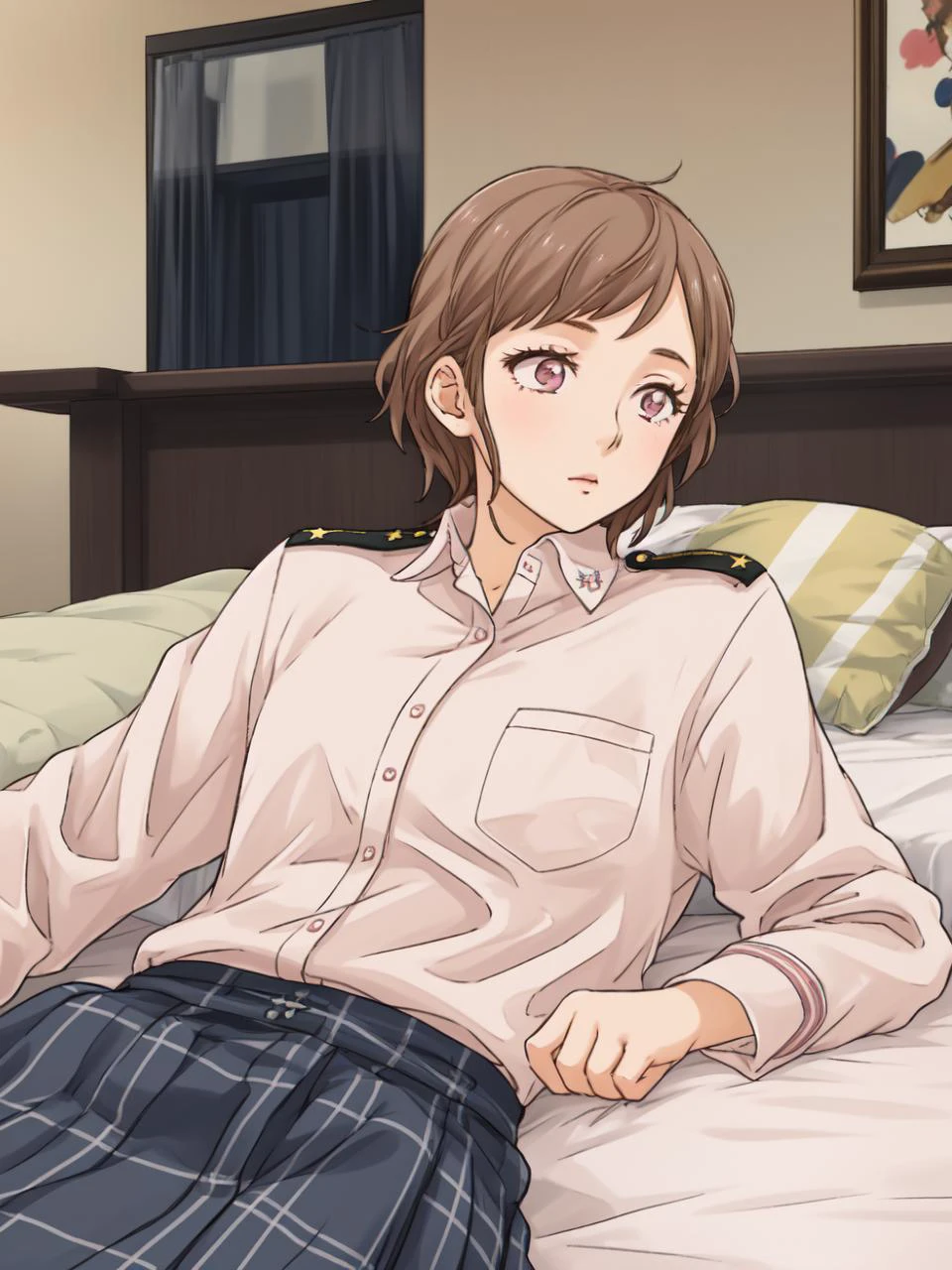 masterpiece, best quality,
<lora:KindredSpirits-002:0.9> emphasis line
1girl, (solo),
(65 years old, 65y.o, (old, wrinkles:1.1))
brunette hair,
pink eyes,
" ",
(military uniform:1.2)
bedroom, bed, lying down, lying on back,
" "