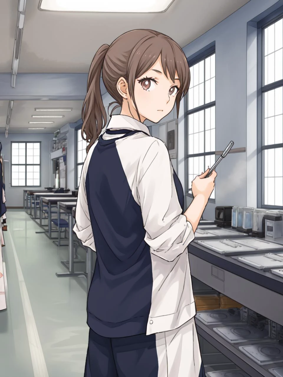 masterpiece, best quality,
<lora:KindredSpirits-002:0.9> emphasis line
1girl, (solo),
(" ")
"",
brown eyes,
short ponytail,
(classic clothes:1.2)
looking at viewer,
" "