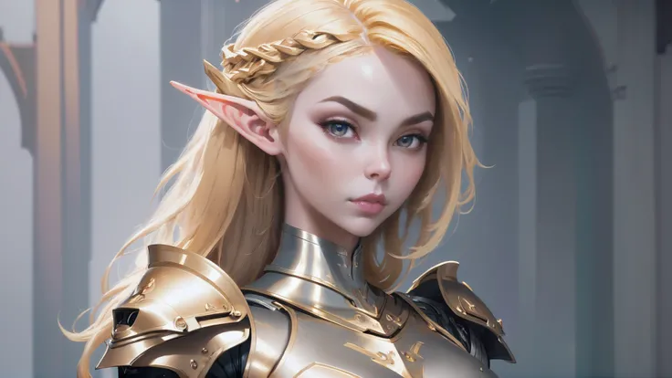 19 years old、Blonde、Shortcuts、Upper Body、Simple Background、Elf Women、Futuristic Armor、Moderate bust