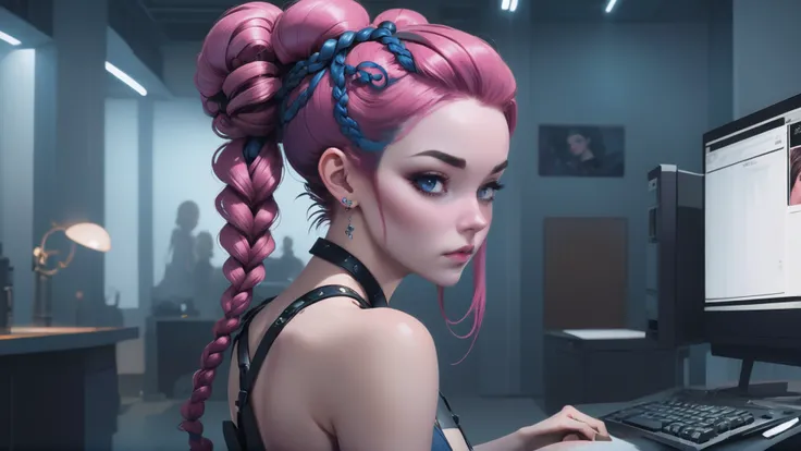 digital painting, 1girl, woman, goth girl, cute, [:creative costume design,:0.2], bombshell punk hair, deep pink hair with slate blue highlights, french braids,Pin Curls, bombshell hair, bright brown hair, hair bun,Mohawk Braid, hourglass figure, caucasian, (brightly lit interior, in a Neutral computer room:1.3)<lora:EnvyBeautyXL06:1>