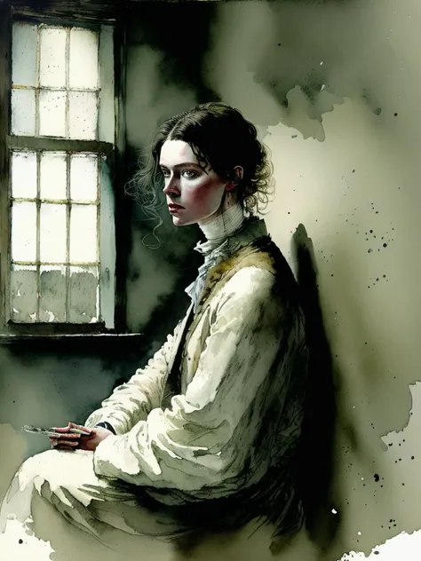 <lora:AndrewWyeth:1>a portrait of amanda by andrew wyeth, watercolor, cool colors, deep colors, 18th century, aged
