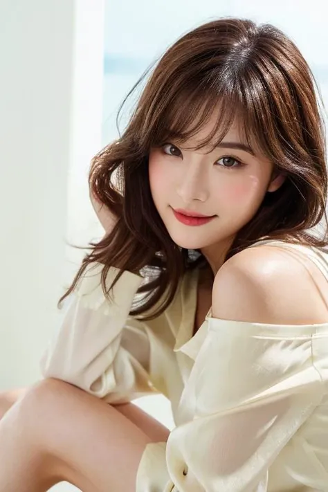 (masterpiece), (highres), (best quality), (realistic), 1 girl, (an extremely delicate and beautiful), looking away, (dark brown hair), (slope angle), (messy hair), silk long sleeves white v neck shirt, long bangs, (short ponytail:1.01), shiny skin, oval face, false smile, slimification, (feet out of frame:1.1), sfw, (small breasts), sfw, <lora:real_skin:0.8> <lora:chinaDollLikeness_v10:0.5>