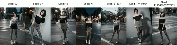 best quality, ultra high res, (photorealistic:1.4), 1girl, off-shoulder black shirt, skirt, black choker, (faded ash gray hair:1), slim, (black pantyhose:1.2), perfect legs, (huge breasts:1), (grey sneakers:1.2), looking at viewer, standing, (wide angle:1.4), <lora:chinaDollLikeness_v10:0.7>