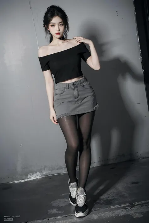 best quality, ultra high res, (photorealistic:1.4), 1girl, off-shoulder black shirt, skirt, black choker, (faded ash gray hair:1), slim, (black pantyhose:1.2), perfect legs, (huge breasts:1), (grey sneakers:1.2), looking at viewer, standing, (wide angle:1.4), <lora:chinaDollLikeness_v10:0.7>