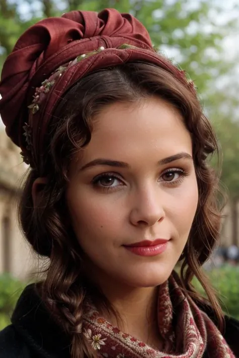 <lora:Elle_Macpherson-000005:0.5>,elle, <lora:princessleia-v3:0.5>, princessleia,(epic) , photo of a woman, ((hair tied back, hair in bun, dark brown hair)), ((outdoors, medieval city, scarf, black coat, flower hat, flowers)),smiling, (red lipstick, blush), ((best quality, masterpiece, extreme details, high resolution):1.2),((detailed eyes, beautiful eyes, detailed face, beautiful face):1.2)