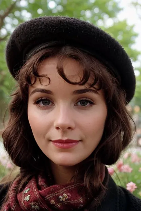 <lora:Elle_Macpherson-000005:0.5>,elle, ,(epic) , photo of a woman, ((hair tied back, hair in bun, dark brown hair)), ((outdoors, medieval city, scarf, black coat, flower hat, flowers)),smiling, (red lipstick, blush), ((best quality, masterpiece, extreme details, high resolution):1.2),((detailed eyes, beautiful eyes, detailed face, beautiful face):1.2)
