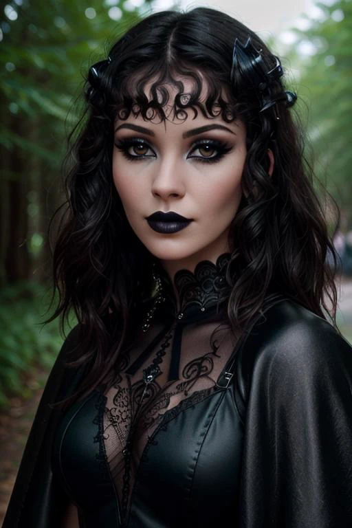 <lora:Elle_Macpherson-000005:0.5>,elle, ,(epic) , photo of a woman, ((black hair, short hair, pixie cut)), ((outdoors, detailed fantasy city, blue bodysuit, white trim, black cape)),serious, ((dark lipstick, heavy eyeliner, heavy eye shadow, blush, goth makeup)), ((best quality, masterpiece, extreme details, high resolution):1.2),((detailed eyes, beautiful eyes, detailed face, beautiful face):1.2)