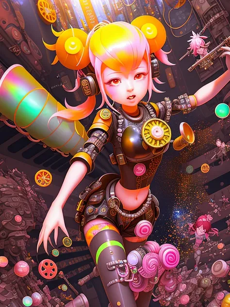 digital art by Hannah H�ch and hans bellmer a beautiful young woman dynamic pose, gears, a woman in a crowd, netting, bubble gum, dadaist movement, forced perspective, high rise, city, happy, smiling, tribal masks, surrounded by men, young, pink hair, smirk, feisty, smile, ray tracing, ornate, detailed, intricate rendering, ambient occlusion render, intricate background, painterly, pink hair, covered in paint, noisy, pointillism, excessively complex, detailed background, award winning, private collection,realistic proportions, bright colors, over-saturated, busy, elaborate, surrealist movement, gears and pipes, nets, screens, glass shards, stained glass, thumbtacks, industrial chemicals, ornate, crowd, cardboard boxes, plastic hair, an ultrafine detailed painting, whimsical, 3d, hdrp,