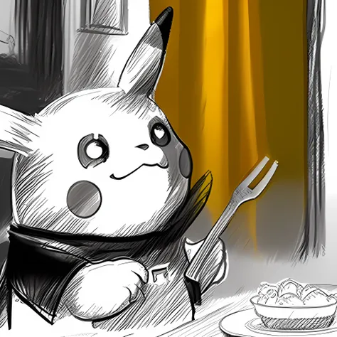 sketch of pikachu holding a knife and fork sat at a dinner table, pencil drawing, monochrome, drawing lines