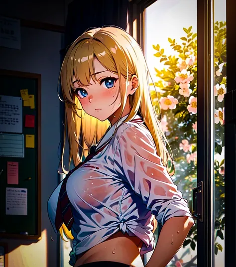 1girl(hyper_detailed strokes)(anime extremely detailed style), in state of allure, at the classroom, girl wearing school uniform, blonde_hair, blue eyes, clothes_lift, lips, long_hair, looking_at_viewer, solo, masterpiece, (highres:1.2), (ultra-detailed:1.2), (illustration:0.4), (sketch:1.1), (extremely detailed CG unity 8k wallpaper:1.2), soft lighting, HDR, beautiful detailed sunlight, (best shadow), shiny skin, (withe skin:1.3), (detailed hair), (detailed pupil, beautiful eyes, detailed eyes, expressive eyes, perfect eyes), closed mouth, (perfect face, beautiful face) (blush:0.5), perfect hands, hyper detailed wet body, extremely detailed shadows, hyper detailed illuminations, high contrast, extremely detailed colors, sexy, hot, curvy, handsome, portrait, extremely detailed body, light particles, intricate complexity, extremely detailed, extremely detailed hands with five fingers, best quality, high contrast, vivid color, masterpiece, 4k, hyper detailed, extremely detailed lens flare, extremely detailed background, light particles, extremely detailed clothes, hyper detailed illumination, ultra-detailed oiled body, ultra-high details, epic quality, extremely detailed glossy skin, light glowing,