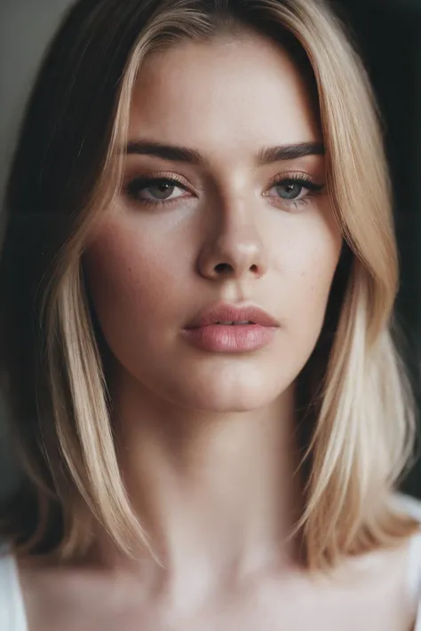 face shot of mla, (serious look), (blonde medium length hair), (hand on chin), Photorealistic, Hyperrealistic, Hyperdetailed, analog style, hip cocked, demure, detailed skin, matte skin, soft lighting, subsurface scattering, realistic, heavy shadow, masterpiece, best quality, ultra realistic, 8k, golden ratio, Intricate, High Detail, film photography, soft focus, detailed skin texture, (blush:0.5), (goosebumps:0.5), subsurface scattering ,<lyco:MarLucas-RealVision-V1.0:1.0>