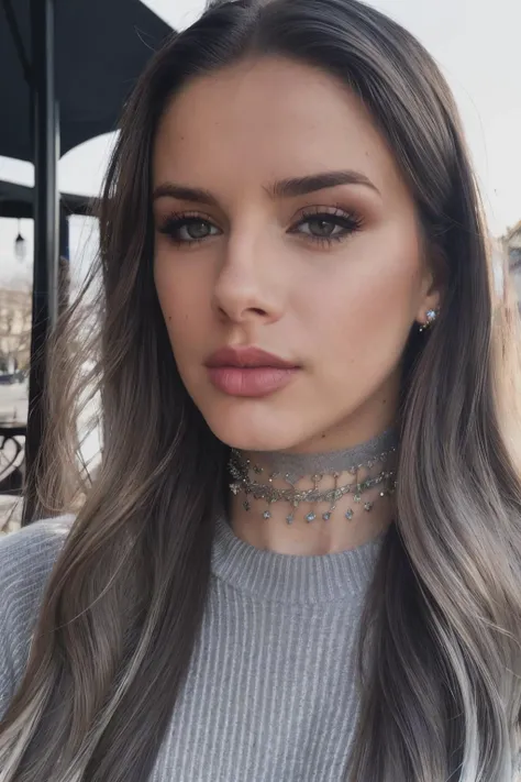 mla piercing eyes, looking straight, very happy,long hair, wearing an gray sweater, choker, closeup portrait, in a outdoor cafe in 2015, afternoon light,<lyco:MarLucas-RealVision-V1.0:1.0>