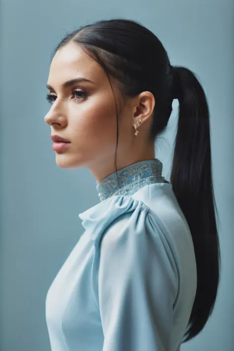 photoshoot of mla, (black hair), (ponytail hairstyle) , detailed skin texture, (blush:0.2), (goosebumps:0.3), (light blue dress), subsurface scattering, Photorealistic, Hyperrealistic, Hyperdetailed, analog style, hip cocked, demure, detailed skin, matte skin, soft lighting, subsurface scattering, realistic, heavy shadow, masterpiece, best quality, ultra realistic, 8k, golden ratio, Intricate, High Detail, film photography, soft focus ,<lyco:MarLucas-RealVision-V1.0:1.0>