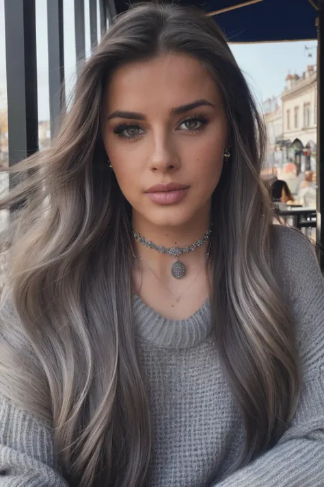 mla piercing eyes, looking straight, very happy,long hair, wearing an gray sweater, choker, closeup portrait, in a outdoor cafe in 2015, afternoon light,<lyco:MarLucas-RealVision-V1.0:1.0>