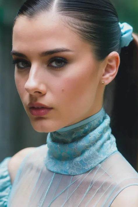 photoshoot of mla, (black hair), (ponytail hairstyle) , detailed skin texture, (blush:0.2), (goosebumps:0.3), (light blue dress), subsurface scattering, Photorealistic, Hyperrealistic, Hyperdetailed, analog style, hip cocked, demure, detailed skin, matte skin, soft lighting, subsurface scattering, realistic, heavy shadow, masterpiece, best quality, ultra realistic, 8k, golden ratio, Intricate, High Detail, film photography, soft focus ,<lyco:MarLucas-RealVision-V1.0:1.0>