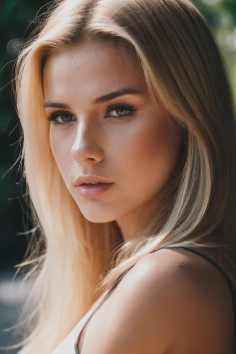 face shot of mla, (serious look), (blonde medium length hair), (hand on chin), Photorealistic, Hyperrealistic, Hyperdetailed, analog style, hip cocked, demure, detailed skin, matte skin, soft lighting, subsurface scattering, realistic, heavy shadow, masterpiece, best quality, ultra realistic, 8k, golden ratio, Intricate, High Detail, film photography, soft focus, detailed skin texture, (blush:0.5), (goosebumps:0.5), subsurface scattering ,<lyco:MarLucas-RealVision-V1.0:1.0>