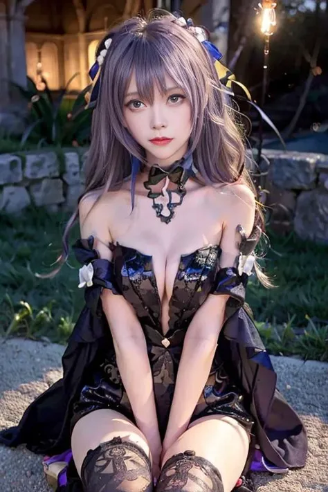 (Realistic painting style:1.1), masterpiece, best quality, absurdres, looking at viewer, solo,{{ keqing (opulent splendor) (genshin impact)}}, keqing (genshin impact), official alternate costume, dress, cone hair bun, night, strapless dress, long hair, cleavage, black dress, hair bun, strapless, bare shoulders, {purple hair:1.}, bangs, bow, detached collar, purple eyes, diamond-shaped pupils, ribbon, double bun, twintails, two-tone dress, medium breasts, hair ornament, black bow, blue butterfly, hair ribbon, blue dress, bowtie, hair between eyes, outdoor, night, firework, {smile}, <lora:keqingGenshinImpact3in1_v10:1>,purple hair, <lora:koreanDollLikeness_v10:0.3>,{{black legwear:1.5}}, armband,high heels, {{1girl}},{{full body}},{{black thighhighs}}, <lora:banbanbai_10:0.8> <lora:breastinclassBetter_v141:0.5>