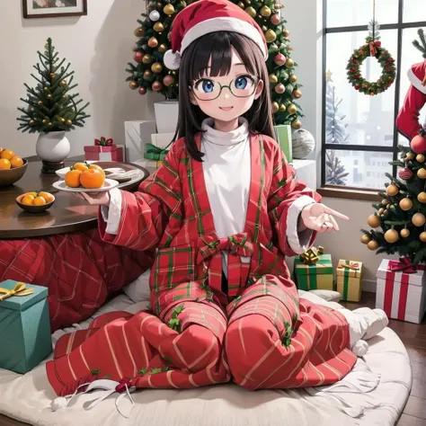 best quality, ultra-detailed, illustration,
hanten, 1girl, black hair, long hair, sitting, shirt, glasses, smile,
kotatsu, indoors, television, rug, wooden floor, book, blanket, carpet, mandarin orange, cup, orange (fruit), bowl, teapot,
(Christmas tree and decorations: 1.4), window decorations with snowflakes and stickers, santa hat
<lora:JAPAN_Hanten_SD15_V2_Resize_DIM8:0.8>
