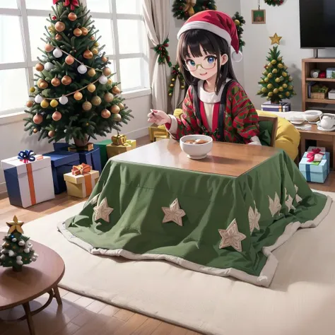 best quality, ultra-detailed, illustration,
hanten, 1girl, black hair, long hair, sitting, shirt, glasses, smile,
kotatsu, indoors, television, rug, wooden floor, book, blanket, carpet, mandarin orange, cup, orange (fruit), bowl, teapot,
(Christmas tree and decorations: 1.4), window decorations with snowflakes and stickers, santa hat
<lora:JAPAN_Hanten_SD15_V2_Resize_DIM8:0.8>