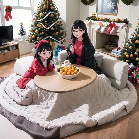 best quality, ultra-detailed, illustration,
hanten, 1girl, black hair, long hair, sitting, shirt, glasses, smile,
kotatsu, indoors, television, rug, wooden floor, book, blanket, carpet, mandarin orange, cup, orange (fruit), bowl, teapot,
(Christmas tree and decorations: 1.4), window decorations with snowflakes and stickers, santa hat
<lora:JAPAN_Hanten_SD15_V2_Resize_DIM8:0.8>