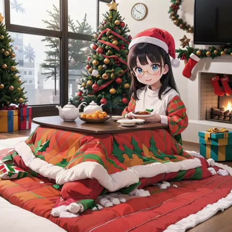 best quality, ultra-detailed, illustration,
hanten, 1girl, black hair, long hair, sitting, shirt, glasses, smile,
kotatsu, indoors, television, rug, wooden floor, book, blanket, carpet, mandarin orange, cup, orange (fruit), bowl, teapot,
(Christmas tree and decorations: 1.4), window decorations with snowflakes and stickers, santa hat
<lora:JAPAN_Hanten_SD15_V2_Resize_DIM8:0.8>