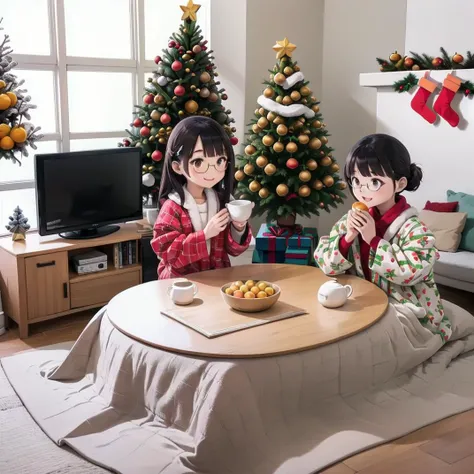 best quality, ultra-detailed, illustration,
hanten, 1girl, black hair, long hair, sitting, shirt, glasses, smile,
kotatsu, indoors, television, rug, wooden floor, book, blanket, carpet, mandarin orange, cup, orange (fruit), bowl, teapot,
(Christmas tree and decorations: 1.4), window decorations with snowflakes and stickers, santa hat
<lora:JAPAN_Hanten_SD15_V2_Resize_DIM8:0.8>