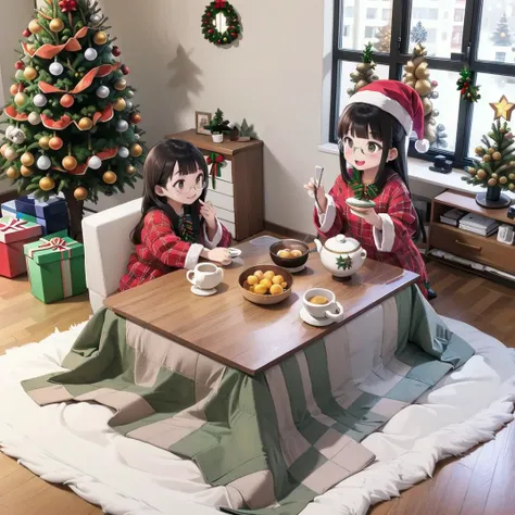best quality, ultra-detailed, illustration,
hanten, 1girl, black hair, long hair, sitting, shirt, glasses, smile,
kotatsu, indoors, television, rug, wooden floor, book, blanket, carpet, mandarin orange, cup, orange (fruit), bowl, teapot,
(Christmas tree and decorations: 1.4), window decorations with snowflakes and stickers, santa hat
<lora:JAPAN_Hanten_SD15_V2_Resize_DIM8:0.8>