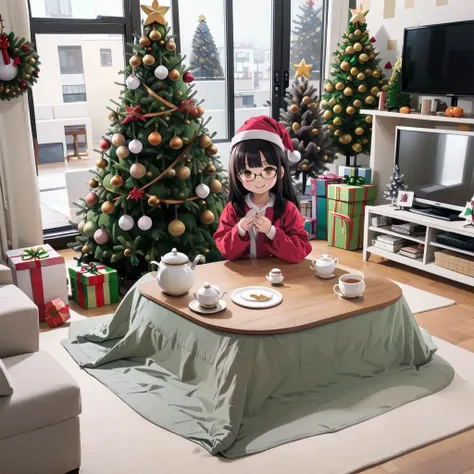 best quality, ultra-detailed, illustration,
hanten, 1girl, black hair, long hair, sitting, shirt, glasses, smile,
kotatsu, indoors, television, rug, wooden floor, book, blanket, carpet, mandarin orange, cup, orange (fruit), bowl, teapot,
(Christmas tree and decorations: 1.4), window decorations with snowflakes and stickers, santa hat
<lora:JAPAN_Hanten_SD15_V2_Resize_DIM8:0.8>