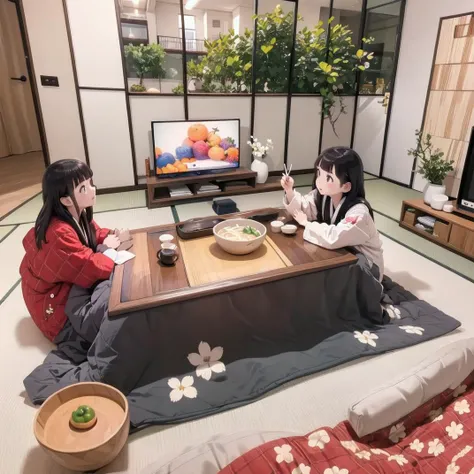 best quality, ultra-detailed, illustration, glasses,
hanten, 1girl, kotatsu, table, black hair, long hair, indoors, food, sitting, bowl, chopsticks, from behind, fruit, manga (object), cup, curtains, mandarin orange, book, tatami, television, noodles, floral print
<lora:JAPAN_Hanten_SD15_V2:0.8>