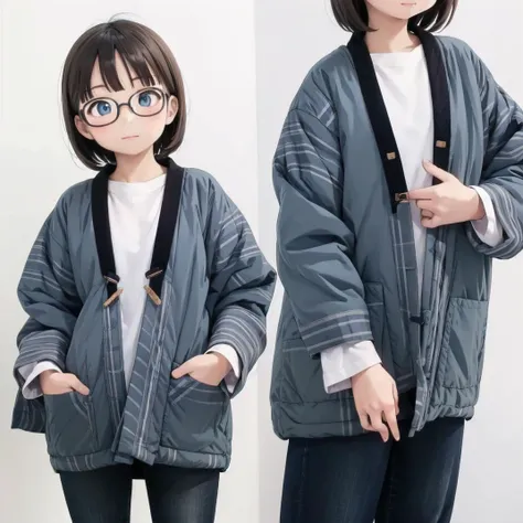 best quality, ultra-detailed, illustration, glasses,
hanten, 1girl, hand in pocket, shirt, pants, white shirt, white background, blue pants, long sleeves, plaid, simple background, cowboy shot, standing, black hair
<lora:JAPAN_Hanten_SD15_V2:0.8>